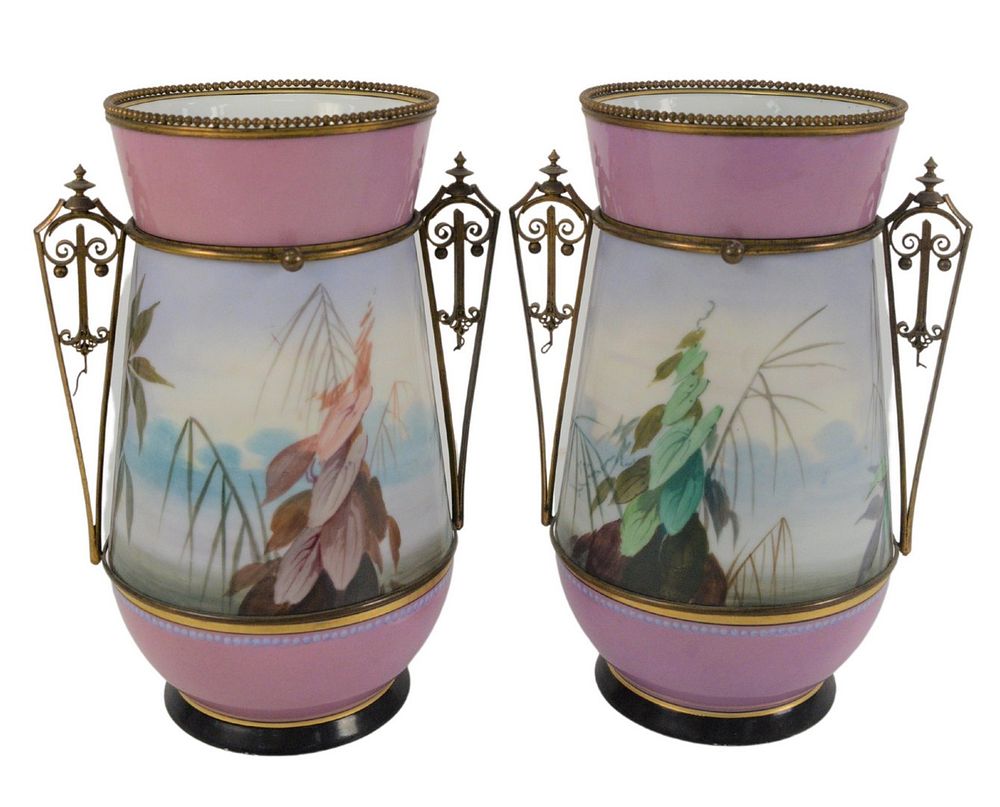 Appraisal: Pair of Paris Porcelain Vases mounted with metal handles top