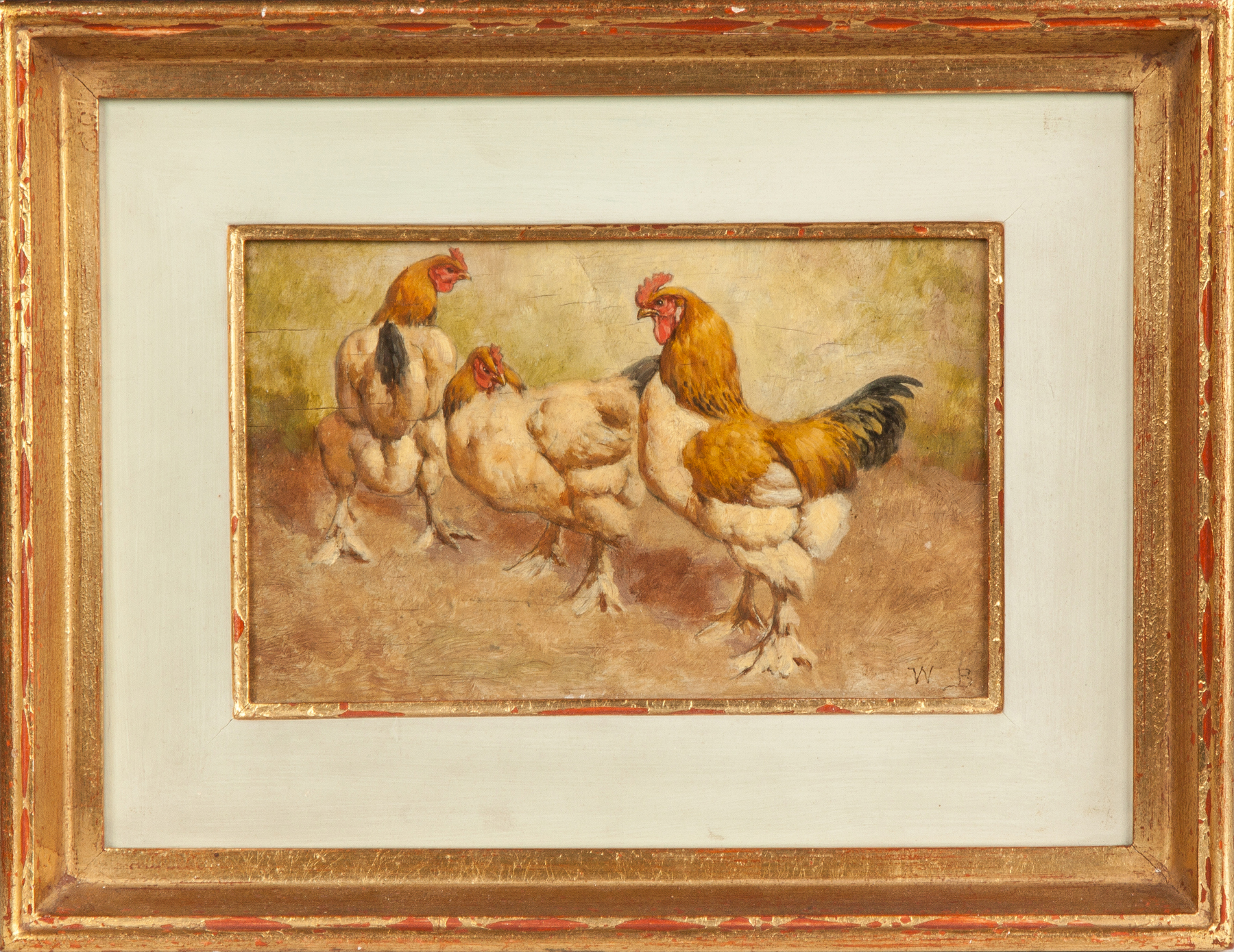 Appraisal: Painting of Chickens Initialed lower right WB Oil on wood