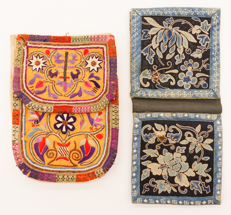 Appraisal: pc Chinese Qing Silk Embroidered Purses Includes a cobalt blue