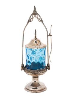 Appraisal: Victorian Blue Glass Decorated Pickle Caster Racine Silver Company American