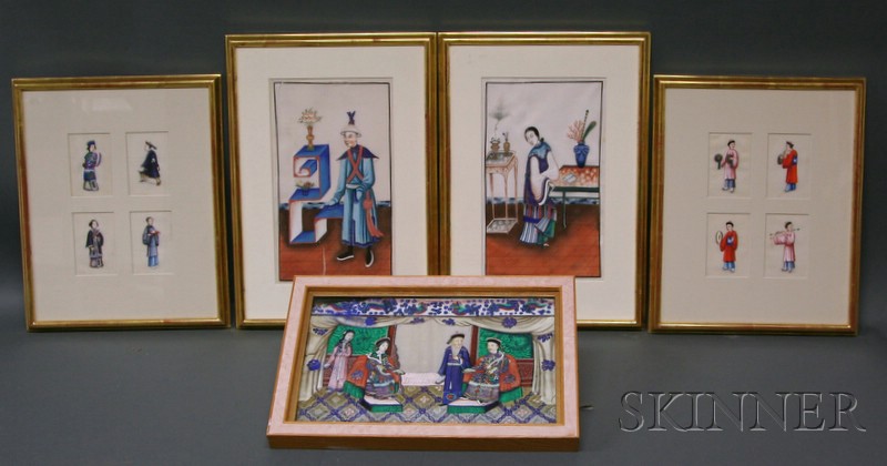 Appraisal: Five Framed Works China th century pith paper paintings mineral