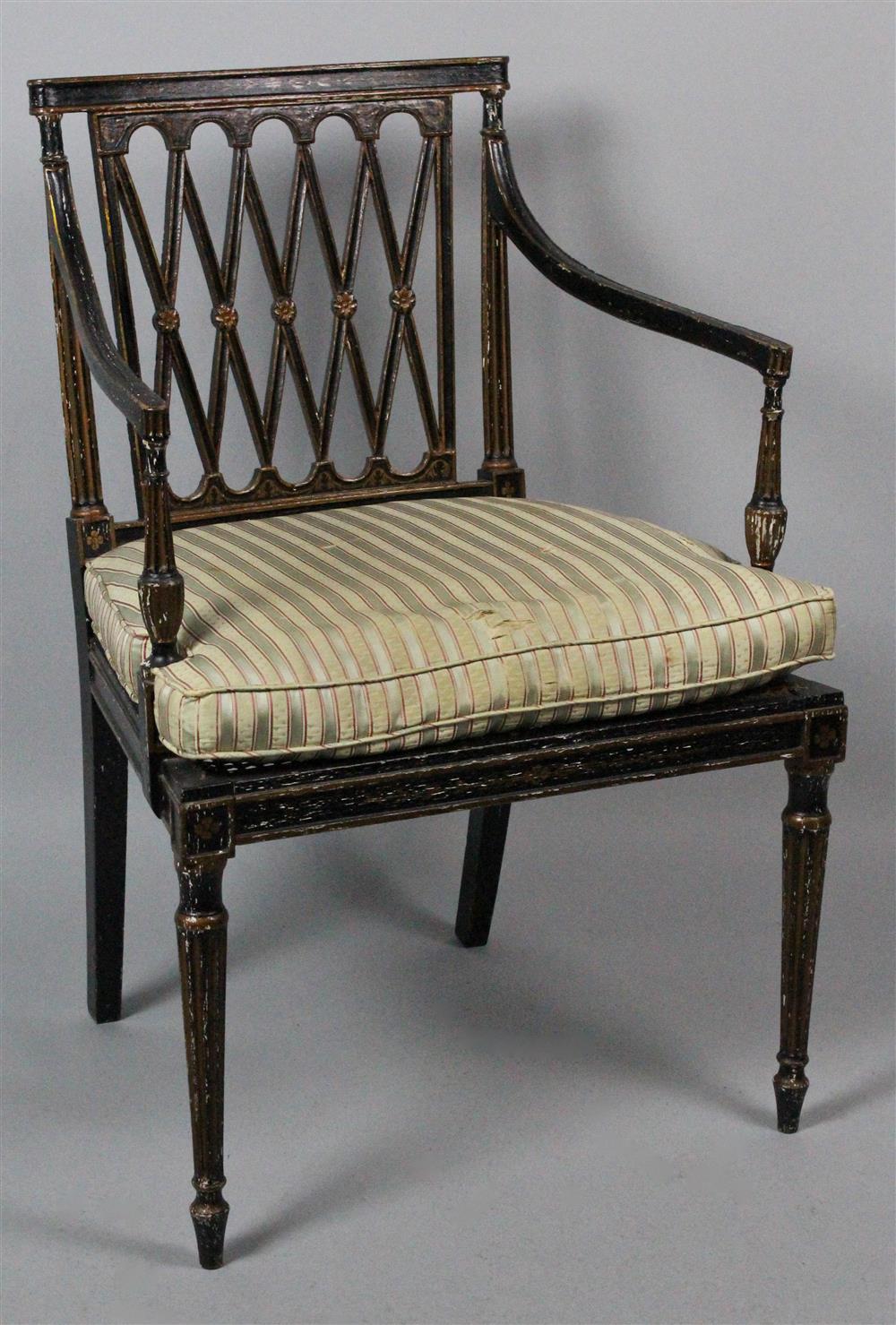 Appraisal: HEPPLEWHITE EBONIZED AND GILT DECORATED ARM CHAIR having an ebonized