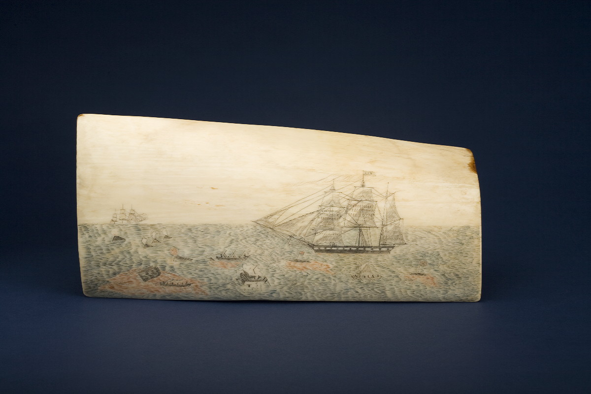 Appraisal: IMPORTANT SCRIMSHAW AND POLYCHROMED WHALE PANBONE DEPICTING A WHALING SCENE