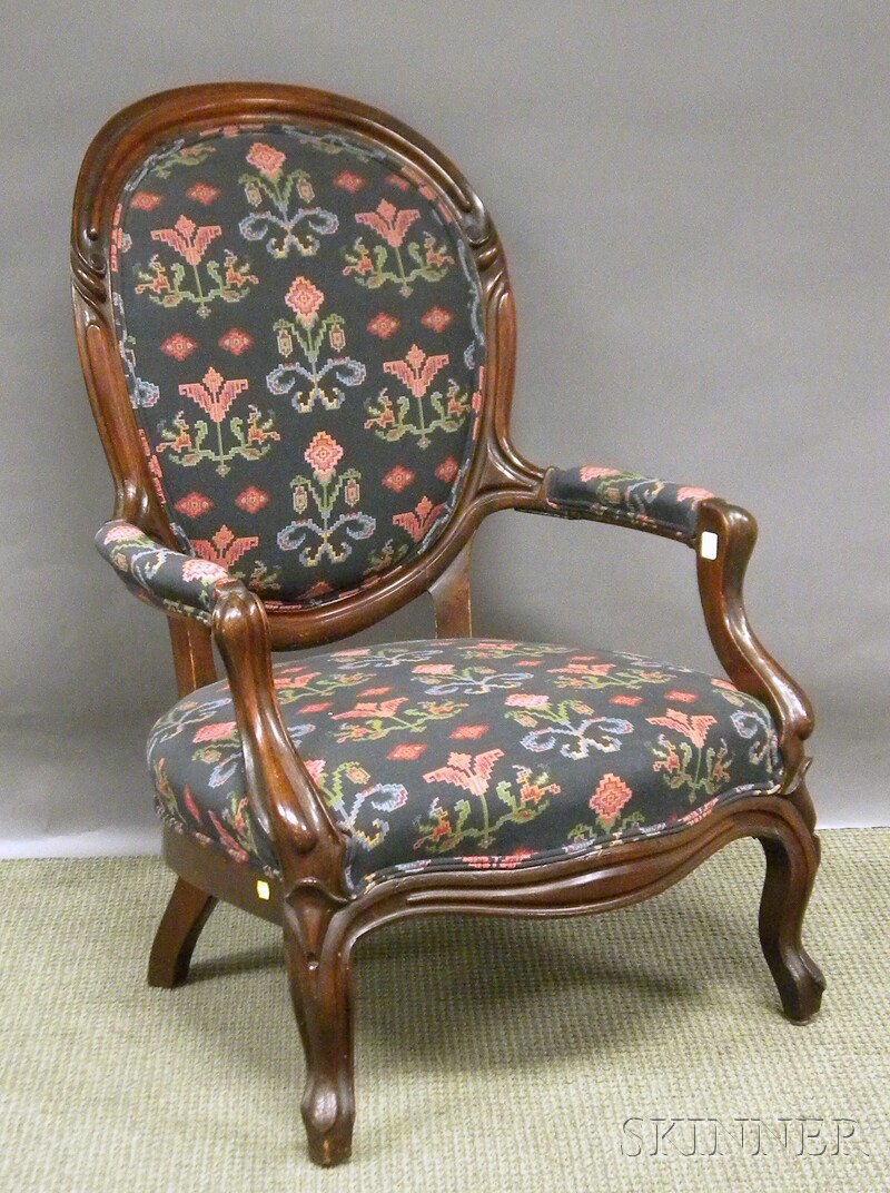 Appraisal: Victorian Rococo Revival Upholstered Carved Walnut Parlor Armchair