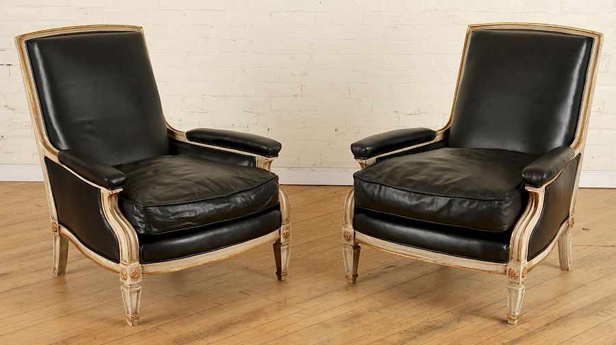 Appraisal: PAIR JANSEN LEATHER ARM CHAIRS DIRECTOIRE STYLE A sleek pair