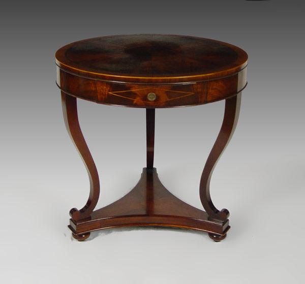 Appraisal: HEIRLOOM WEIMAN FLAME MAHOGANY TRIPLE PEDESTAL SIDE TABLE Banded border