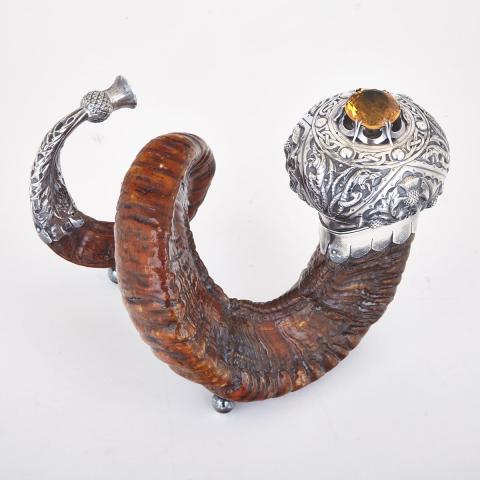 Appraisal: Scottish Silver Mounted Ram s Horn Table Snuff Mull Edinburgh