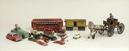 Appraisal: Nineteen Assorted Model Cars Trucks and Trains Painted cast-iron tin