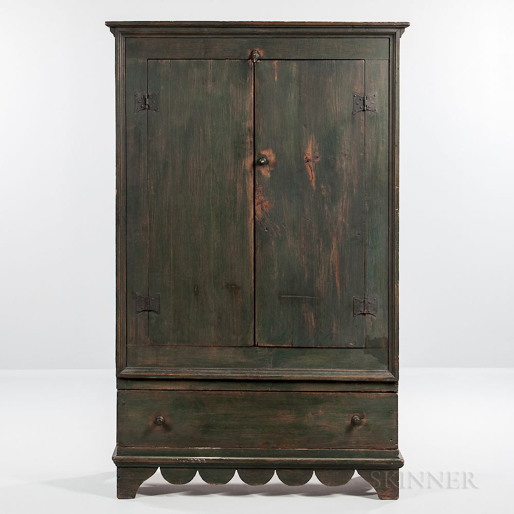 Appraisal: Early Green-painted Cupboard with Drawer Early Green-painted Cupboard with Drawer