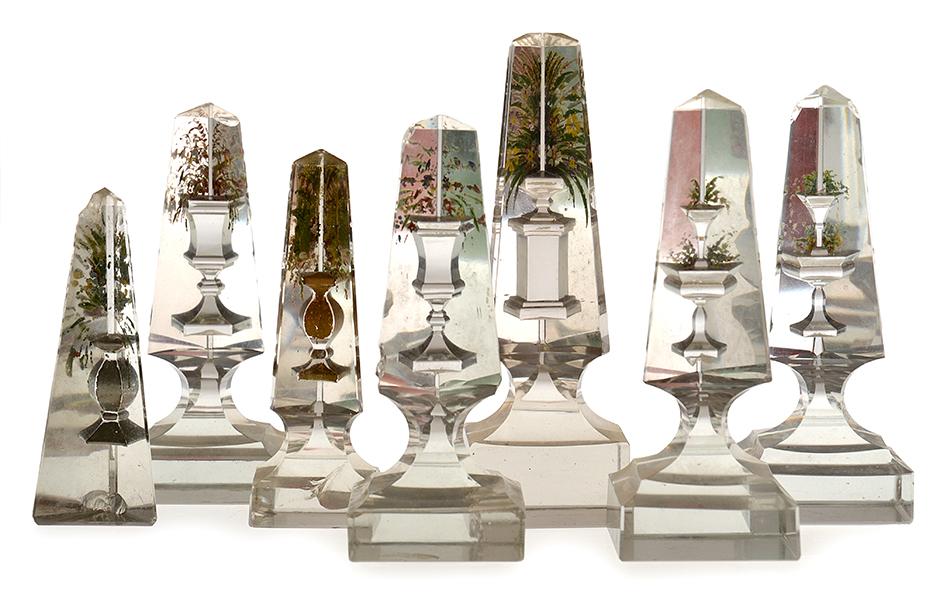 Appraisal: SIX VICTORIAN INSIDE PAINTED OBELISK SHAPED PAPERWEIGHTS WITH FLOWER POTS