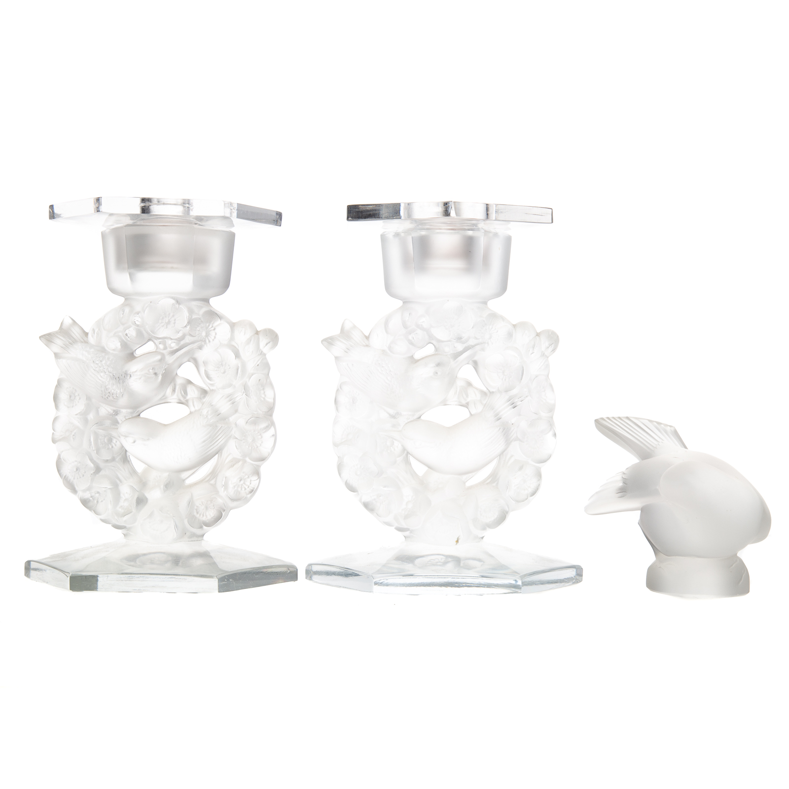 Appraisal: PR OF LALIQUE MESANGES CRYSTAL CANDLESTICKS BIRD A pair of