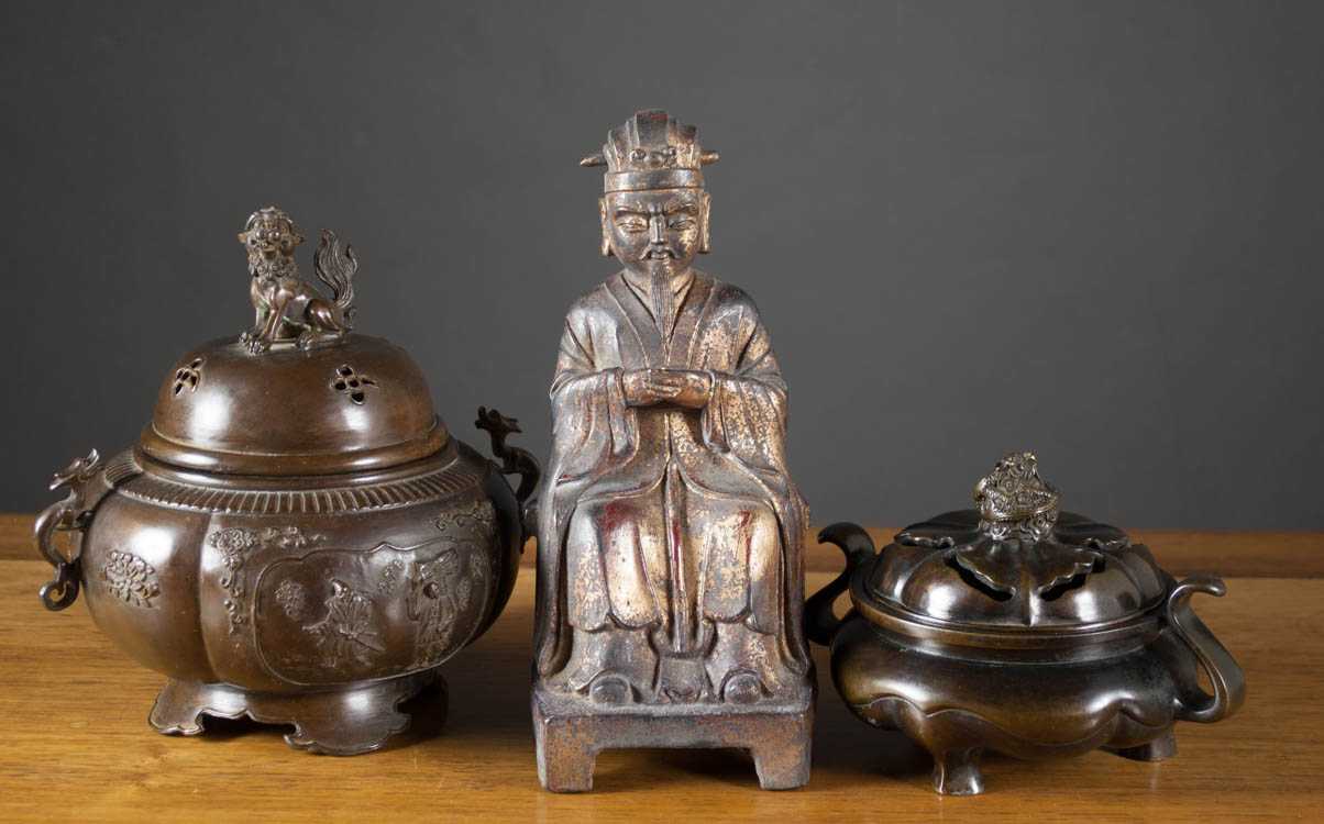 Appraisal: CHINESE QING BRONZE SCULPTURE AND CENSORS three pieces A seated