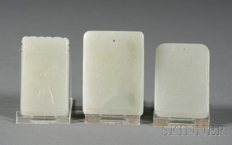 Appraisal: Three Rectangular Jade Plaques celadon color one with a scholar