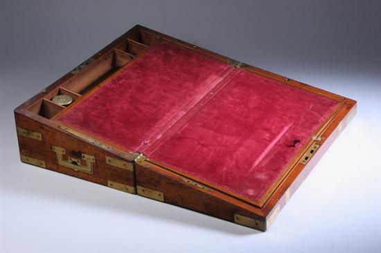 Appraisal: ENGLISH BRASS-BOUND WALNUT CAMPAIGN LAP DESK early th century The