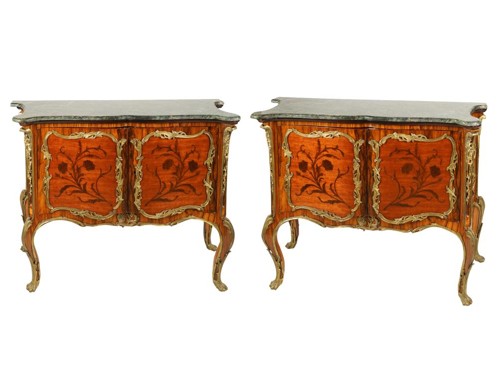 Appraisal: PAIR OF FRENCH MARQUETRY INLAID COMMODESwith gilt bronze ormolu and