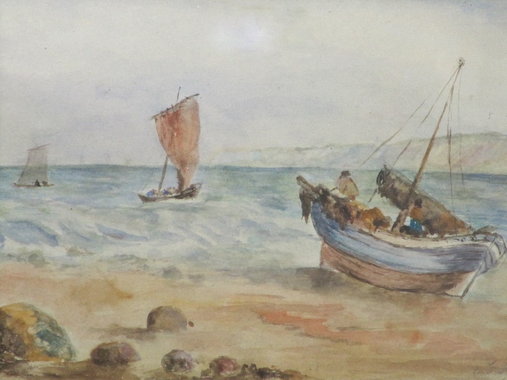 Appraisal: Watercolour coastal scene with fishing boats indistinctly signed lower right