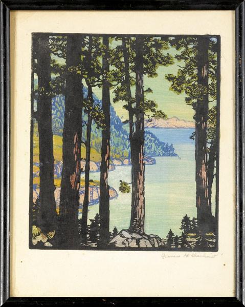 Appraisal: FRANCES GEARHART Color woodblock print of tall pines against a