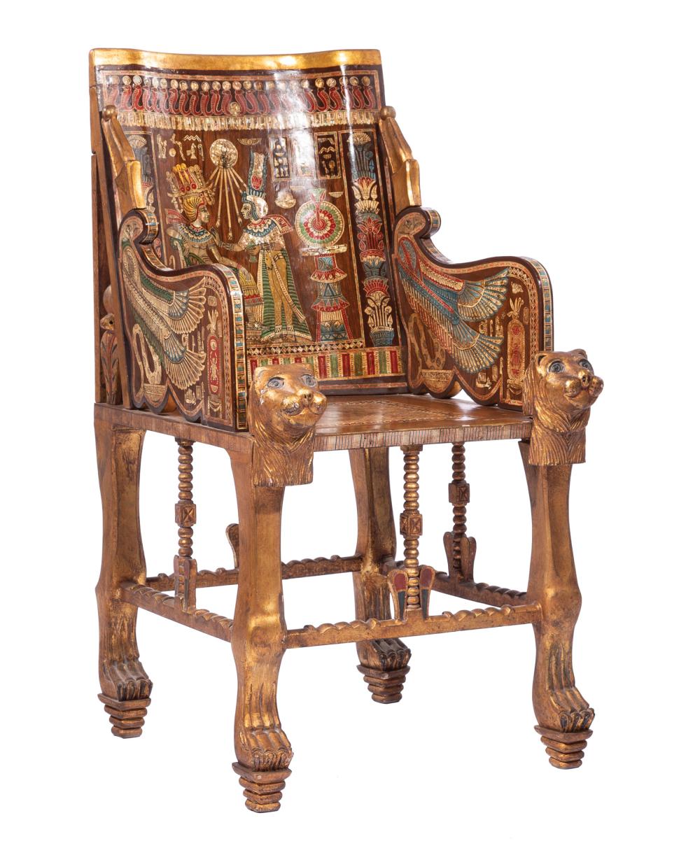 Appraisal: Egyptianesque Inlaid Polychrome and Giltwood Throne Chair shaped tablet back