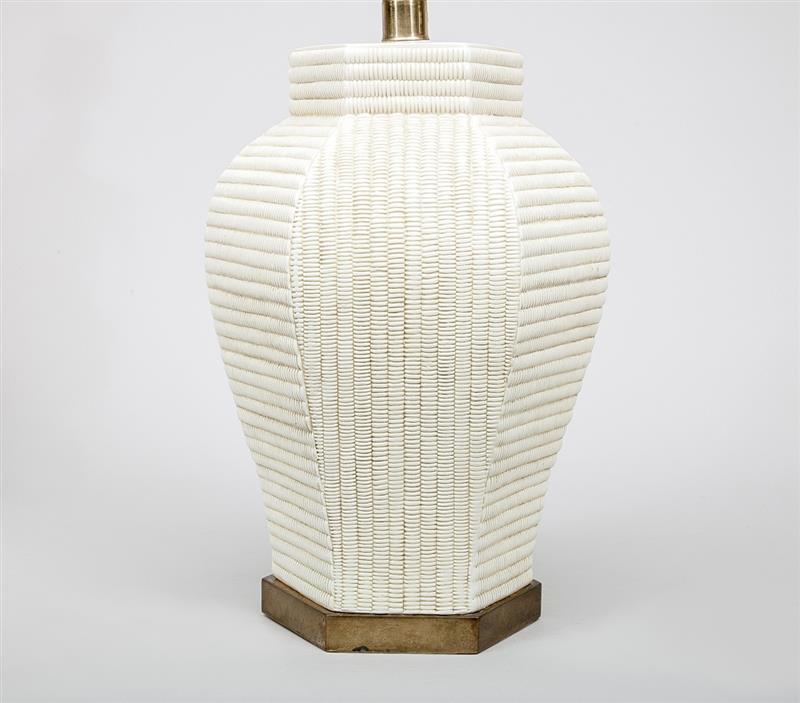 Appraisal: Contemporary Straw-Glazed Pottery Hexagonal Basketweave Lamp in Property from a