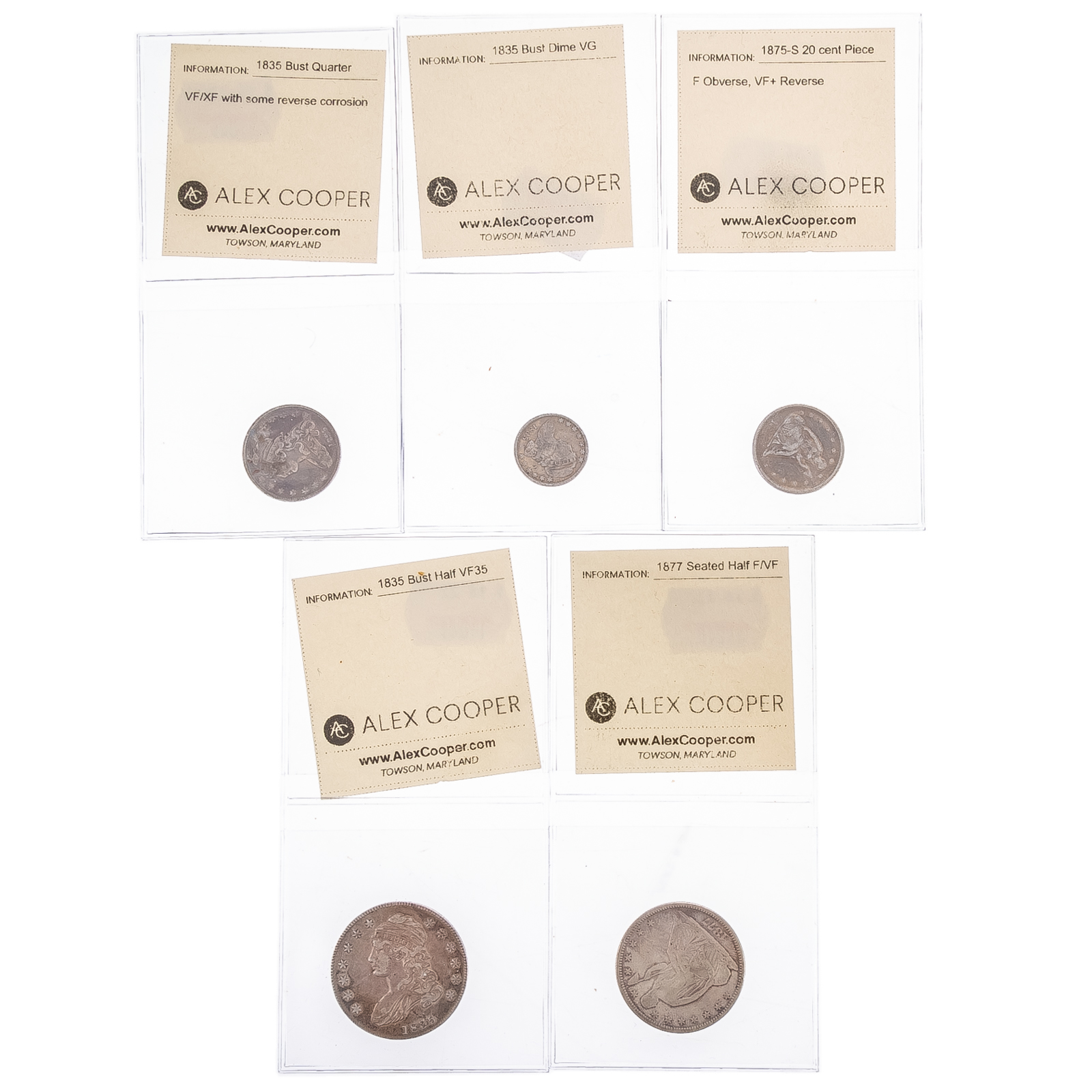 Appraisal: FIVE NICE TH CENTURY TYPE COINS Bust Dime VG -S