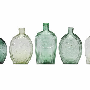 Appraisal: Five Molded Glass Green Flasks American th Century one half-pint