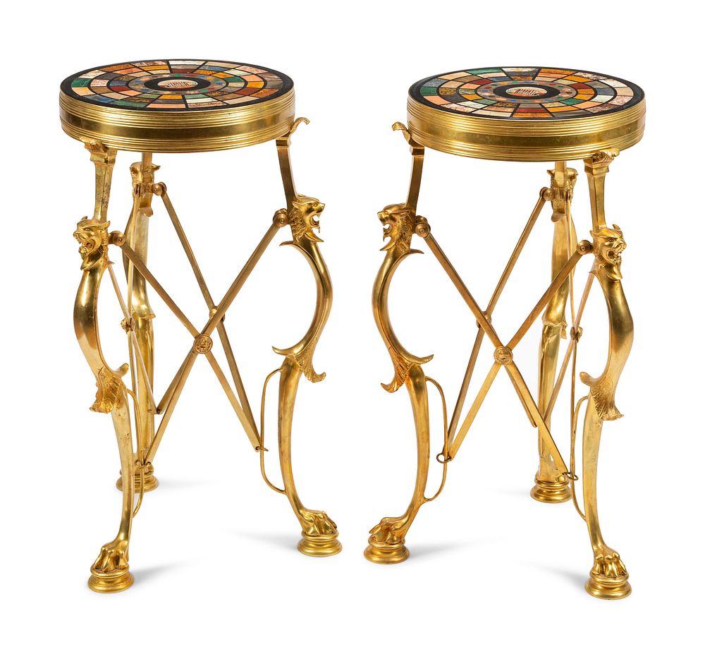 Appraisal: A Pair of Continental Gilt Bronze Tables with Specimen Marble