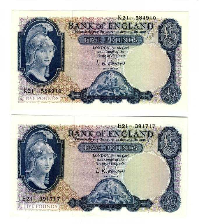 Appraisal: BANK OF ENGLAND L K O'BRIEN FIVE POUNDS AND E