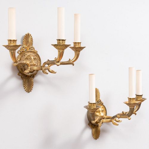 Appraisal: PAIR OF EMPIRE STYLE THREE-LIGHT WALL SCONCES x in Condition