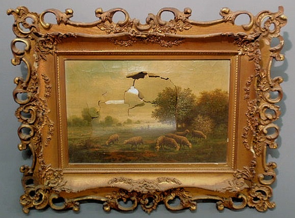 Appraisal: Oil on canvas painting of sheep in a field As