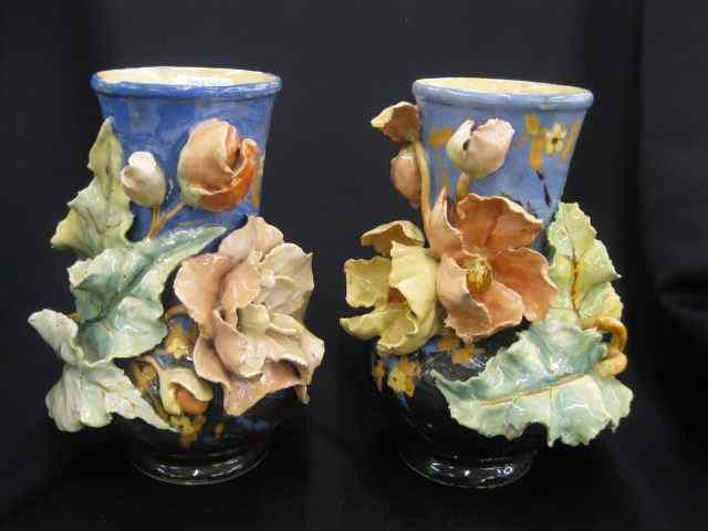 Appraisal: Pair of French Art Pottery Vases elaborateapplied florals signed B