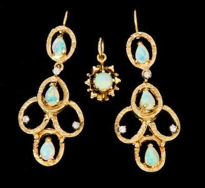 Appraisal: A Pair of Gold Opal and Diamond Earrings and an