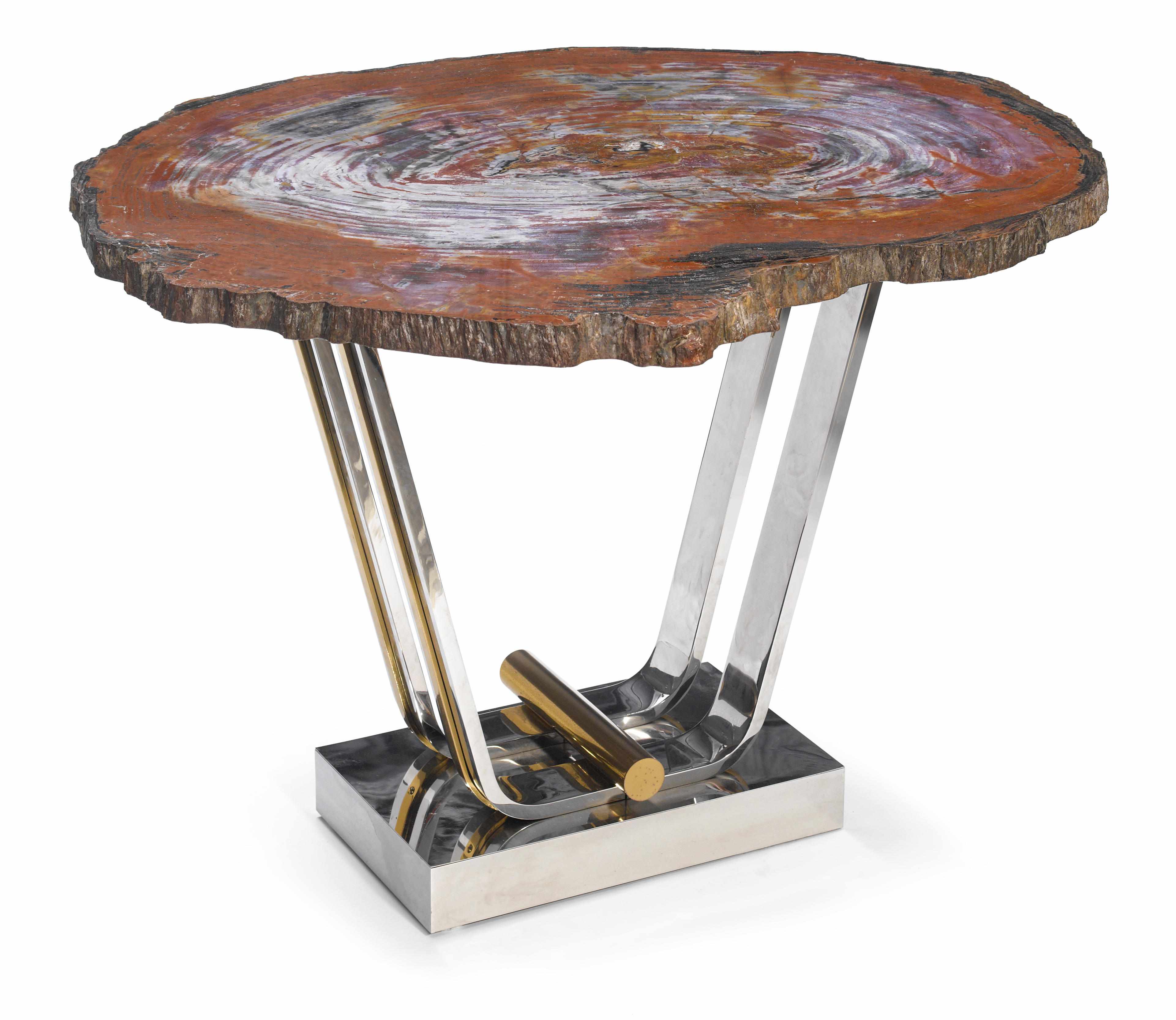 Appraisal: A Contemporary chrome brass and petrified wood occasional table circa