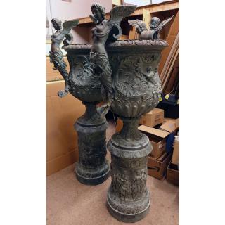 Appraisal: Pair of Monumental-Size Neoclassical Style Bronze Urns Allegorical scene relief