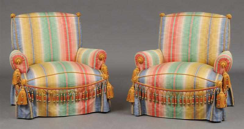 Appraisal: PAIR OF SILK TAFFETA UPHOLSTERED ARMCHAIRS WITH CORDED EDGES AND