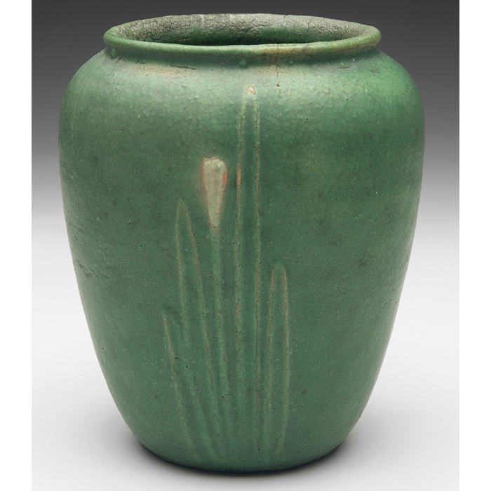 Appraisal: Grueby vase bulbous shape with a carved and applied leaf