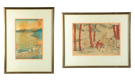 Appraisal: TWO WOODBLOCK PRINTS Japan th century Beachside scene with Mt