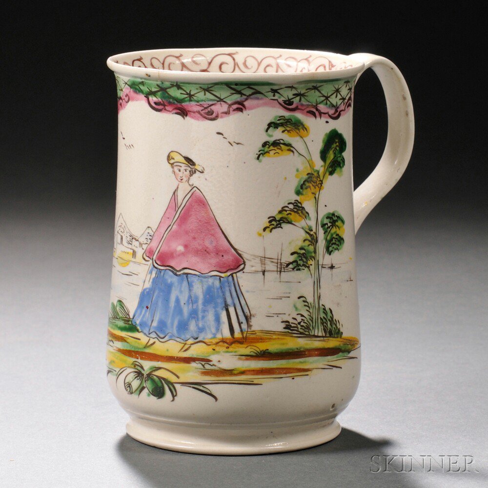 Appraisal: Staffordshire Enameled Salt-glazed Stoneware Tankard England c strap handle polychrome