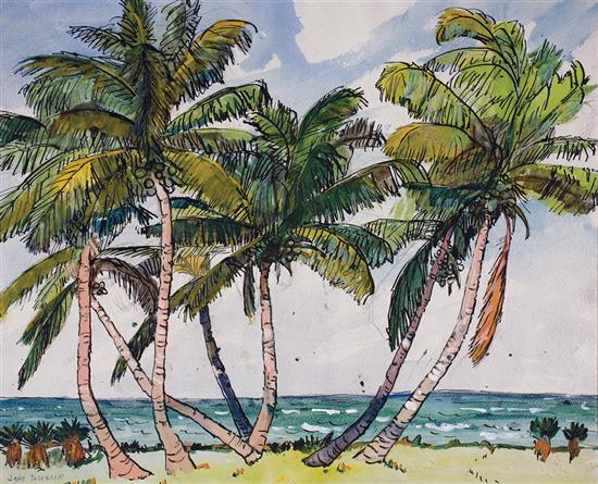 Appraisal: JANE PETERSON American - Palms on the Ocean watercolor signed