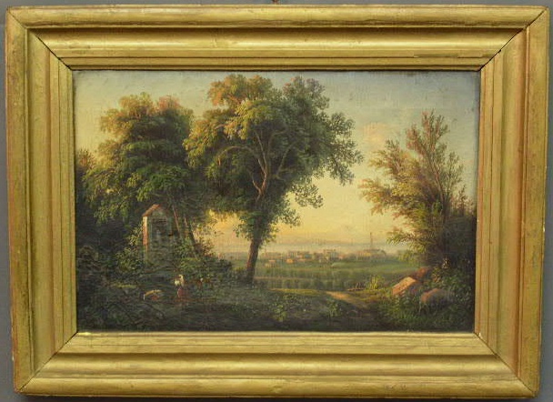 Appraisal: Oil on canvas painting of a landscape and village near