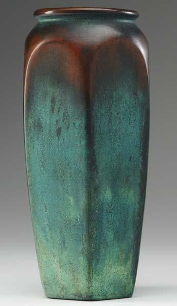 Appraisal: CLEWELL Faceted copper-clad vase with excellent verdigris patina Exhibited in