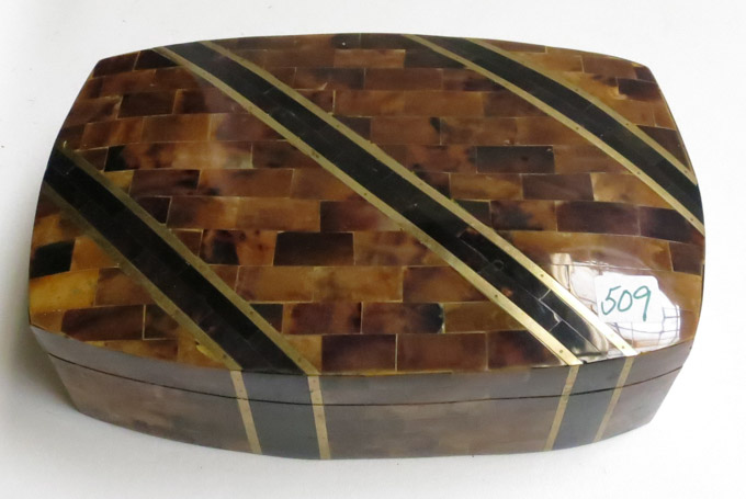 Appraisal: INLAID WOOD BOX casket form having faux tortoiseshell and horn