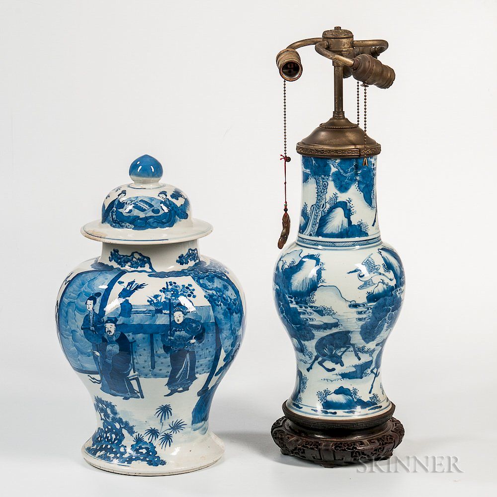 Appraisal: Large Blue and White Covered Ginger Jar and a Lamp