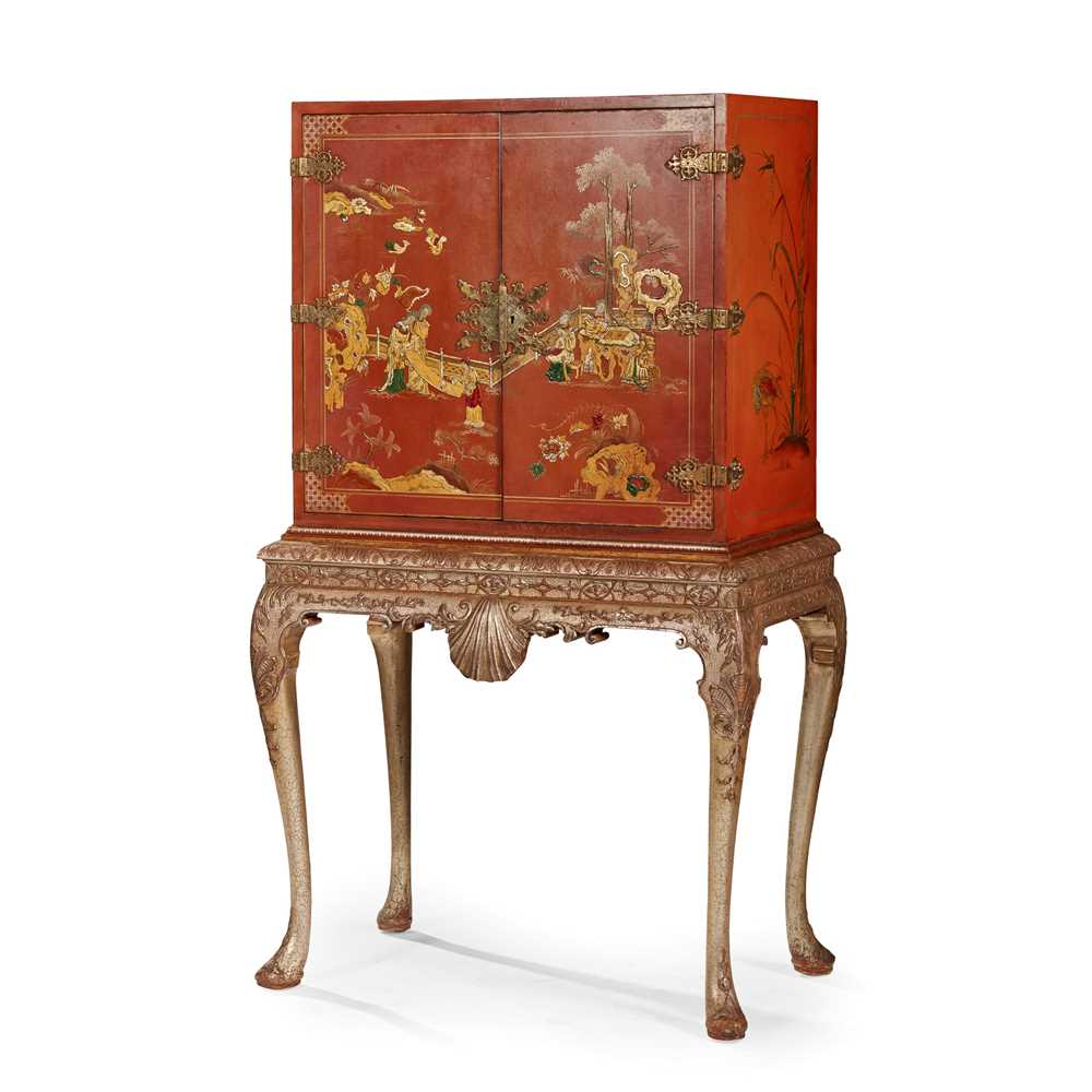 Appraisal: GEORGIAN STYLE RED JAPANNED CABINET-ON-STAND TH CENTURY decorated in the