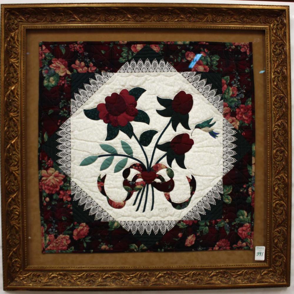 Appraisal: CUSTOM FRAMED ROSES SAMPLER QUILT under glass x inches in