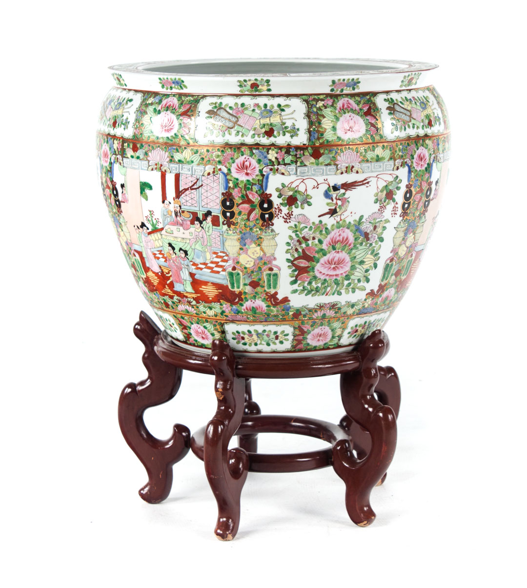 Appraisal: Chinese Export Rose Medallion fish bowl exterior with court scene