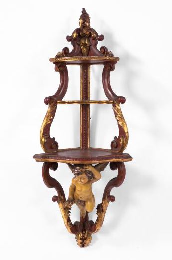 Appraisal: Large Austro-German Carved Carmine-Painted and Parcel-Gilt Wooden Tiered Hanging Shelf