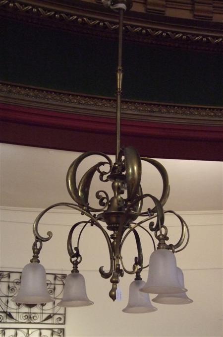 Appraisal: SCOTTISH ART NOUVEAU BRASS CEILING LIGHT CIRCA the central column