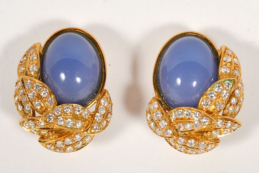 Appraisal: kt YG Cabochon Chalcedony Diamond Earrings kt yellow gold cabochon