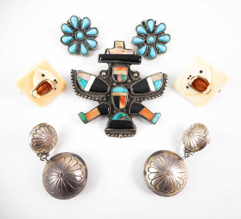 Appraisal: SEVEN ARTICLES OF NATIVE AMERICAN JEWELRY including a figural brooch