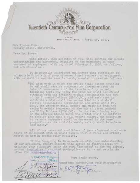 Appraisal: TYRONE POWER Group of typed letters signed by Power most